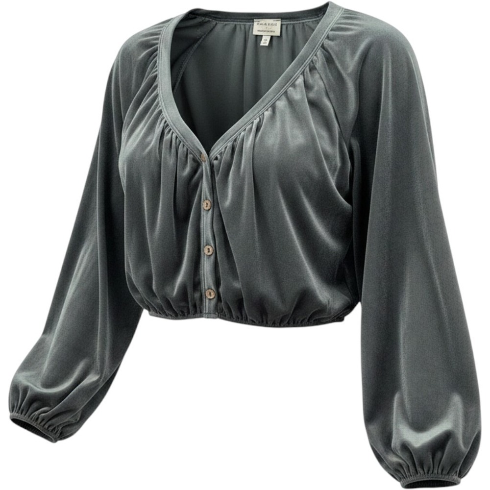 Peach Love California Grey Velvet Cropped Button Up Long Sleeve Top Chic Size S
